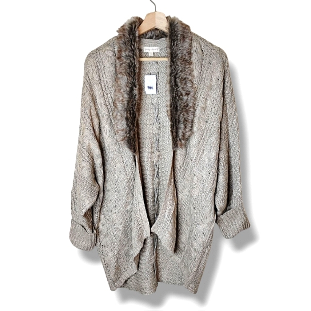 Song n Spirit Longline Cardigan Sweater Faux Fur Collar Comfy Cocoon NWT Size S